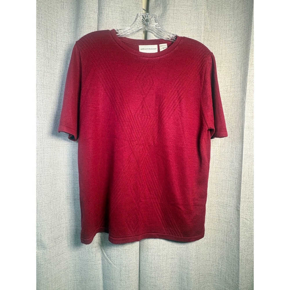 Alfred Dunner Womens Red Short Sleeve Diamond Textured Knit Sweater Size M